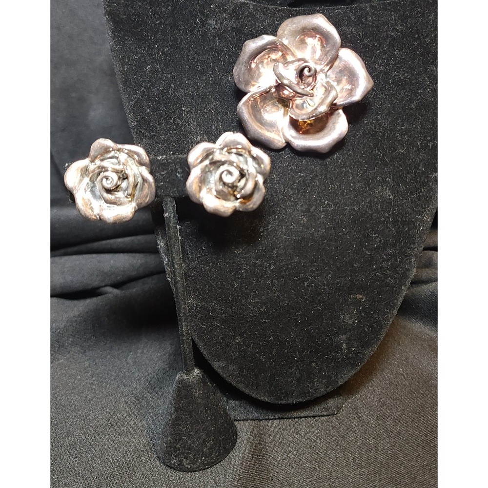 VTG Bat-Ami Sterling Silver 925 Rose Brooch Pendant Clip On Earrings Set READ